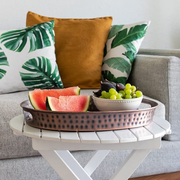 Serving Tray with Handles – 17-Inch Hand Hammered Metal Platter for Living Room, Antique Copper Finish Large Ottoman Tray Accent for Coffee Table, Tea & Food Serving Dish for Party