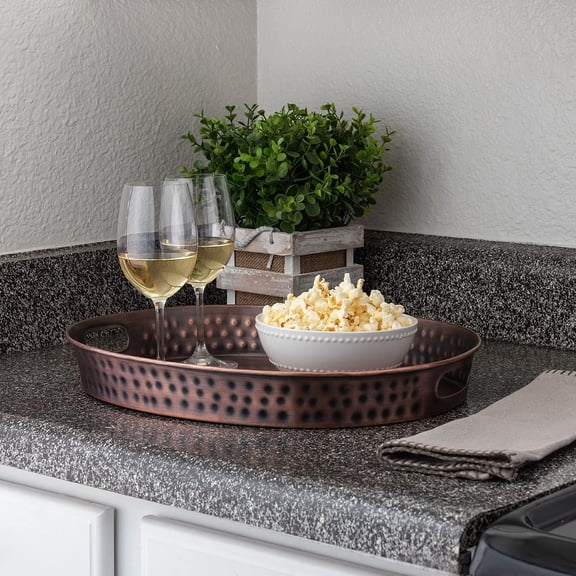 Serving Tray with Handles 17-Inch Hand Hammered Metal Platter for Living Room, Antique Copper Finish Large Ottoman Tray Accent for Coffee Table, Tea & Food Serving Dish for Party