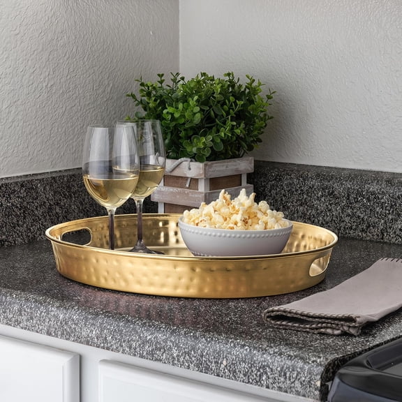 Serving Tray with Handles 17-Inch Hand Hammered Metal Platter for Living Room, Brushed Gold Finish Large Ottoman Tray Accent for Coffee Table, Tea & Food Serving Dish for Party