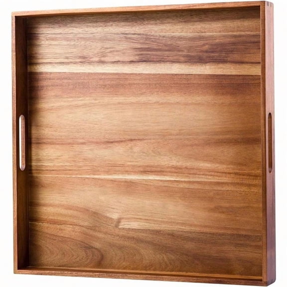 Serving Tray with Handles 20 Inch Large Square Ottoman Tray Acacia Wood Decorative Tray for Living Room Ottoman Coffee Table Kitchen Appetizers Breakfast Patio Party