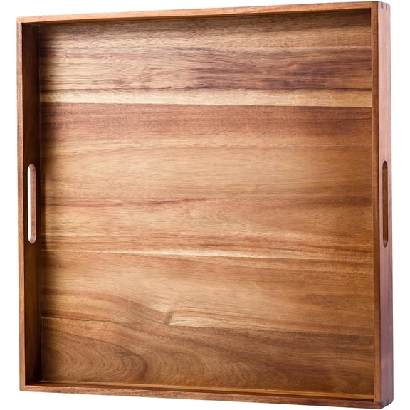 Serving Tray with Handles, 20 Inch Large Square Ottoman Tray Acacia Wood Decorative Tray for Living Room, Ottoman Coffee Table, Kitchen, Appetizers, Breakfast, Patio, Party