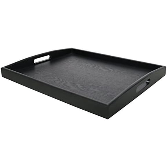 Serving Tray Large Black Wood Rectangle Food Tray Butler Tray Breakfast Tray with Handles (Large)