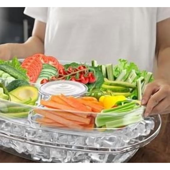 Serving Tray for Parties - 15" Ice Chilled Party Platter w/Lid & Dip Holder - Functional Cold Dish w/ 4 Compartments - Perfect for Fruits, Veggies, Shrimp Cocktail - Keeps Food Cool