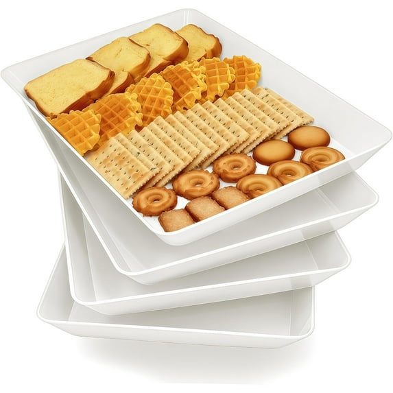 Serving Tray Platter, 4 Pack Food Tray for Veggie Fruit Snack Dessert Cookie Cheese, Food Trays for Party Supplies Display, Plastic Platters for Serving Food, Large White Trays, BPA Free