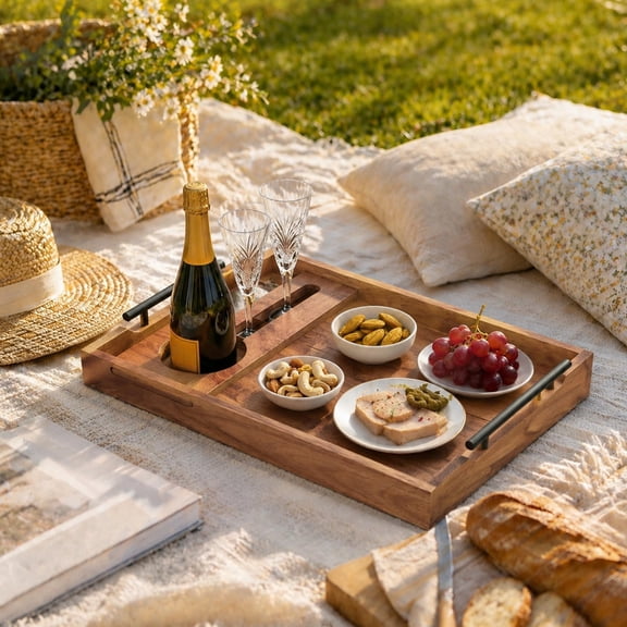 Serving Tray with Wine Glass Holder, Couch Snack Tray with Handles for Wine, Cheese and Fruit, Tray for Sofa, Coffee Table, Wedding and Housewarming Gift