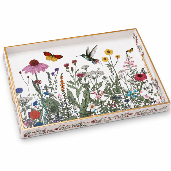 Serving Tray With Handles Rectangular Plastic 15.75x11.81 Inchflowererflies & Hummingbirds Style Decorative For Kitchen Dining Ta