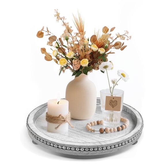 Bead Wooden Organizer Turntable for Dining Table Top Wood Round Decorative Tray for Centerpiece Kitchen Counter