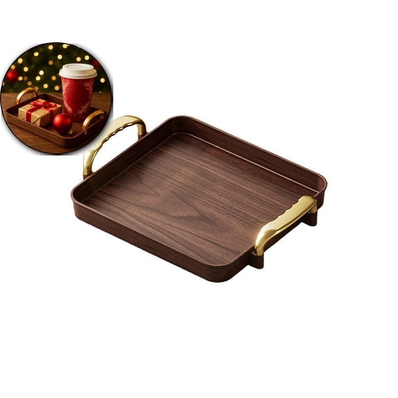 Serving Tray with Handles, 9x8 Inch Living Room Serving Tray, Brown PVC Tray with Armrests for Teacups Snacks Fruit