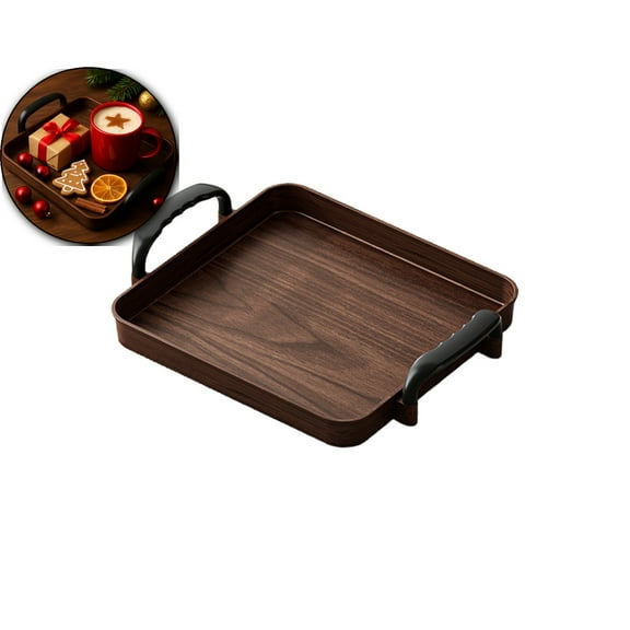 Serving Tray with Handles, 9x8 Inch Living Room Serving Tray, Brown PVC Tray with Armrests for Teacups Snacks Fruit