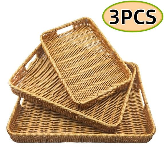 Serving Tray with Handles Rattan Serving Tray Rectangular Woven Tray Decorative Tray Organizing Tabletop Bathroom Kitchen Counter 3PCS