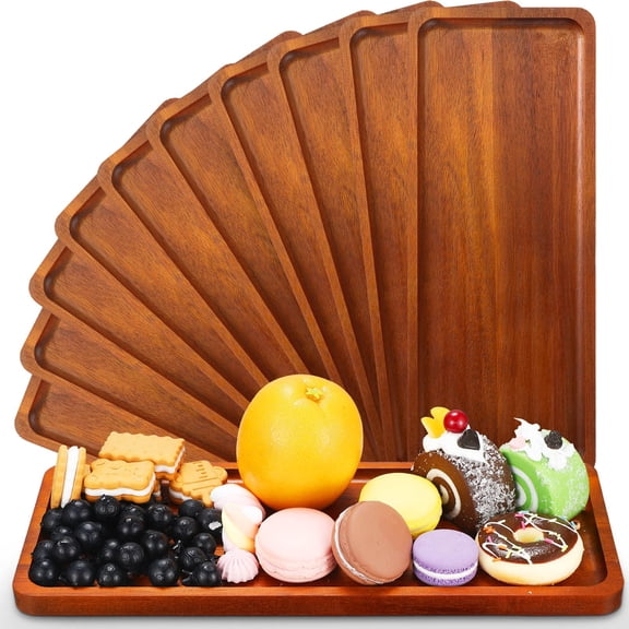 Serving Trays 10 Pack Solid Wood Rectangular with Grooved Handle for Home Decor and Food Service