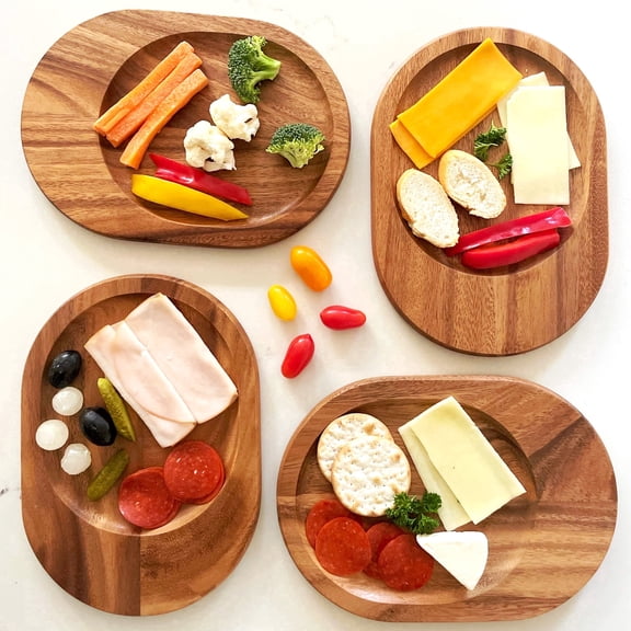 Woodard & Charles, Acacia Wood Individual Cocktail Serving Trays, Set of 4, 10"L x 7"W