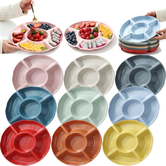 Serving Trays Platters, 5-Part Plastic Serving Tray, Snack Dried Fruit & Nut Organizer Round Serving Platters and Trays, Pink