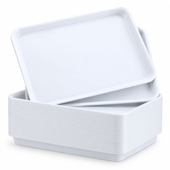 Serving Trays, Stackable Plastic Food Platters, 30 Pcs, White, 12.6 x 9.1 x 1 inches, for Cafeteria and Parties