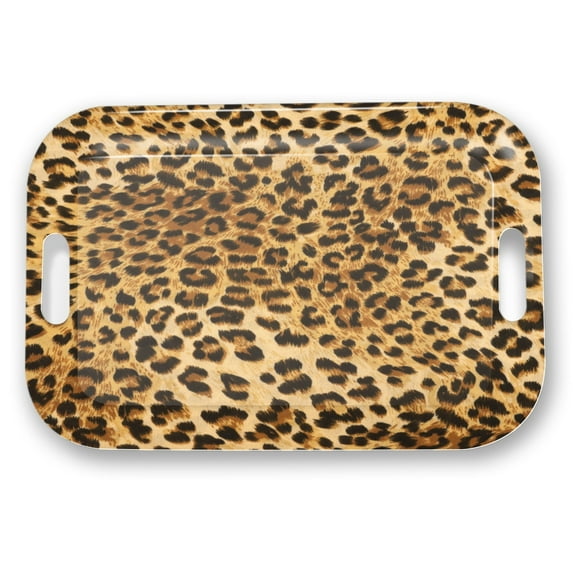 Serving Trays with Handles, 14.5 x 9.8 inch Rectangular Plastic Tray for Restaurant, Kitchen, Brown Leopard