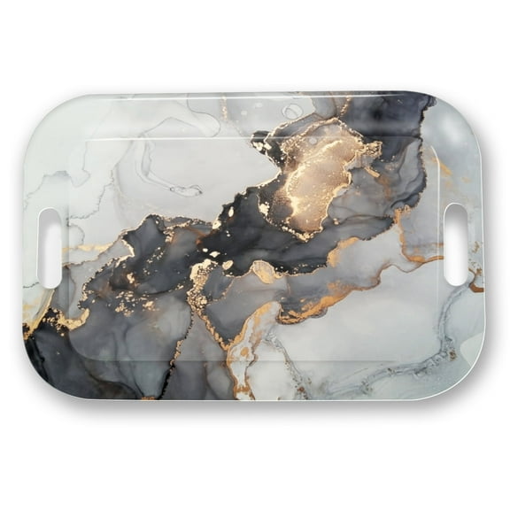 Serving Trays with Handles, 14.5 x 9.8 inch Rectangular Plastic Tray for Restaurant, Kitchen, Gray And Golden Marble