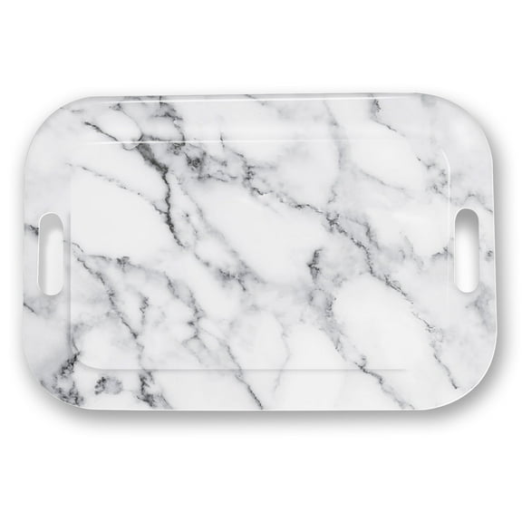 Serving Trays with Handles, 14.5 x 9.8 inch Rectangular Plastic Tray for Restaurant, Kitchen, Gray White Marble