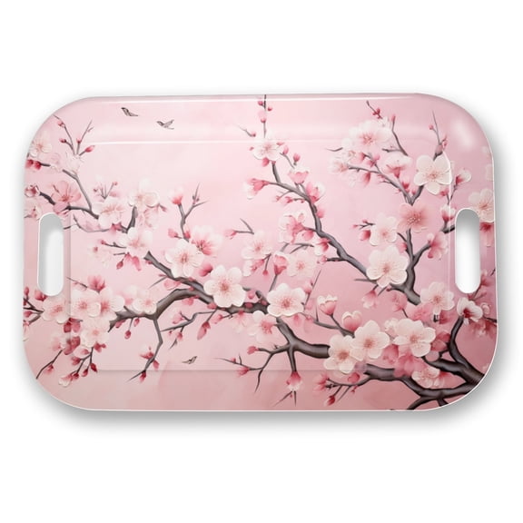 Serving Trays with Handles, 14.5 x 9.8 inch Rectangular Plastic Tray for Restaurant, Kitchen, Pink Cherry Blossom