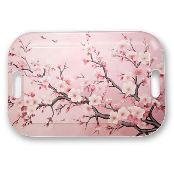 Serving Trays with Handles, 14.5 x 9.8 inch Rectangular Plastic Tray for Restaurant, Kitchen, Pink Cherry Blossom