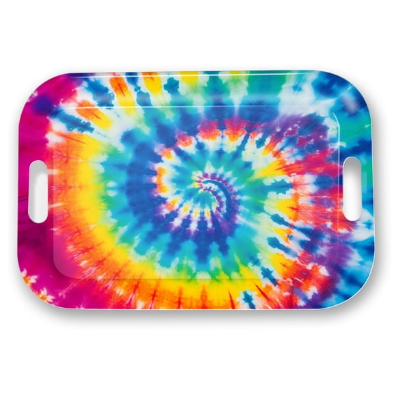 Serving Trays with Handles, 14.5 x 9.8 inch Rectangular Plastic Tray for Restaurant, Kitchen, Tie-Dye Colorful Spiral Patterns
