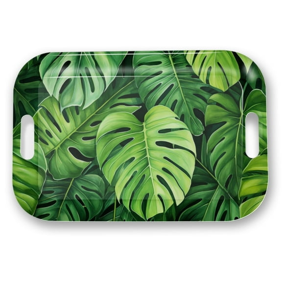 Serving Trays with Handles, 14.5 x 9.8 inch Rectangular Plastic Tray for Restaurant, Kitchen, Tropical Leaf Pattern Monstera In The Style