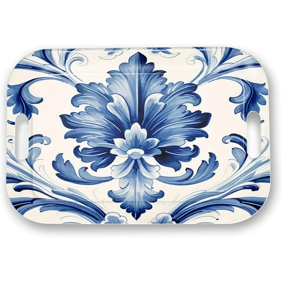 Serving Trays with Handles, 14.5 x 9.8 inch Rectangular Plastic Tray for Restaurant, Kitchen, Tropical Leaf Pattern Monstera in The Style