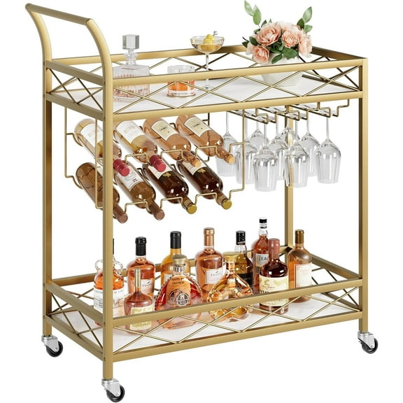 Serving Trolley, 2 Tiers, Kitchen Trolley, Serving Trolley with Wheels, Bar Cart with Wine Rack, Rolling Cart Kitchen, Kitchen Shelf, Steel Frame, Industrial Design, Gold
