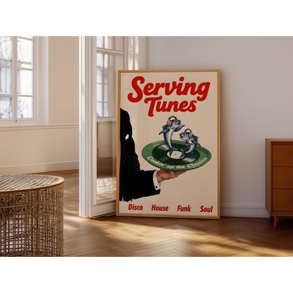 Serving Tunes Cookin' Up The Classics Retro Musical Fish Art Funky Disco House Soul Vibe Playful Wall Art Perfect Decor