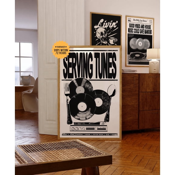 Serving Tunes Music Poster, Retro Vinyl Record Wall Art Prints Vintage Black White Apartment Decor Kitchen Colorful Bar Gift, Poster Only