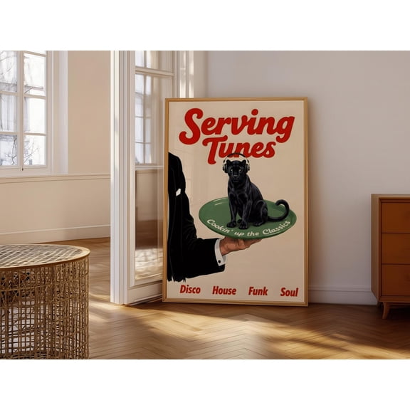 Serving Tunes Retro Music Wall Art Funky Black Panther With Headphones Disco House Funk Soul Vibes Classic Music Decor
