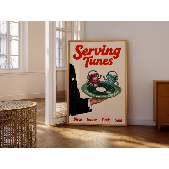 Serving Tunes Wall Art Retro Music Aesthetic Funky Dancing Phones Disco House Funk Soul Cookin' Up the Classics