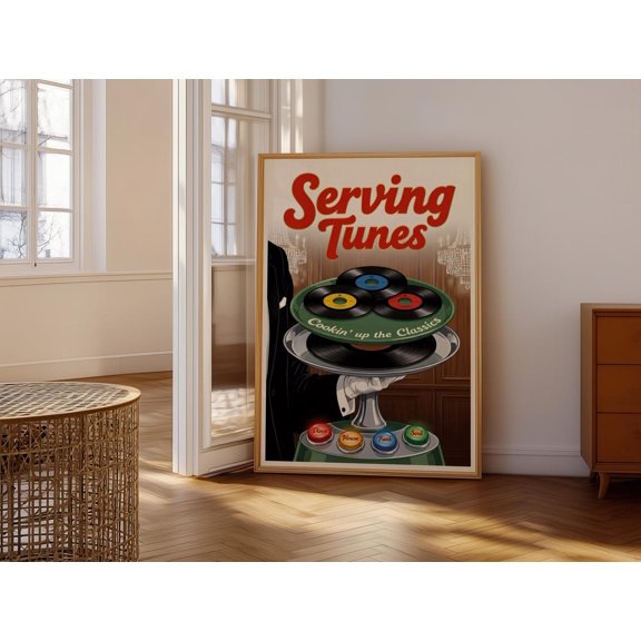 Serving Tunes Wall Art Retro Style Poster Featuring Vinyl Records Cookin' Up the Classics Disco House Funk Soul Design