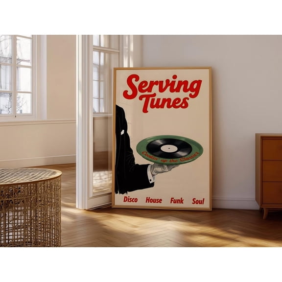 Serving Tunes Wall Art Retro Vinyl Record Design Cookin' Up The Classics Disco House Funk Soul Music Poster Waiter Steward Waitress