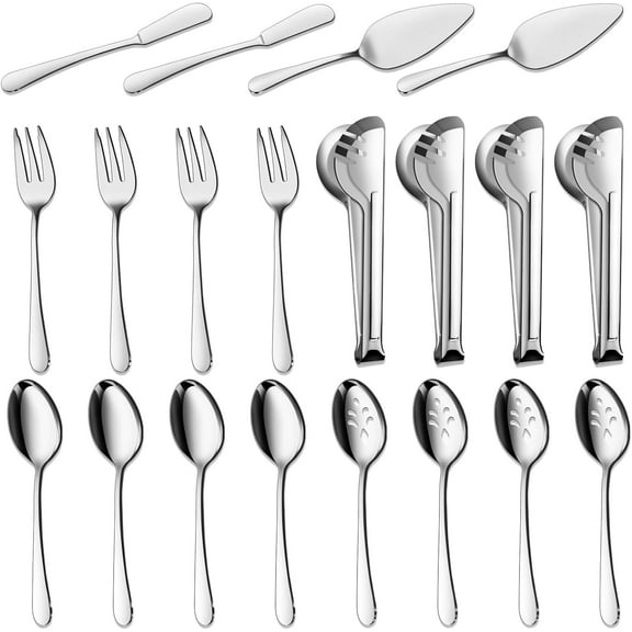 Serving Utensils, 20-Piece Large Serving set, Serving Spoons, Slotted Spoons, Serving Tongs & Forks, Cake Server, Butter Knife, Stainless Steel Serving Utensils Set for Parties, Dishwasher Safe
