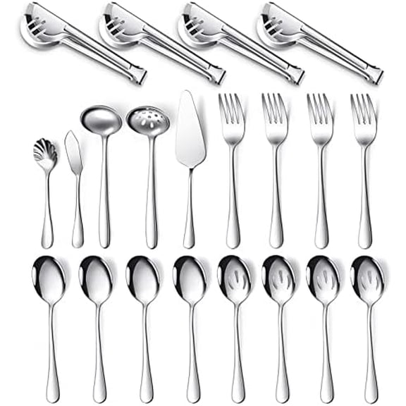 Serving Utensils Set Include Stainless Steel Large Spoons Slotted Spoons Forks Tongs Soup Ladle and Pie Server for Parties Buffet Catering, Dishwasher Safe(Silver,21 Pieces)