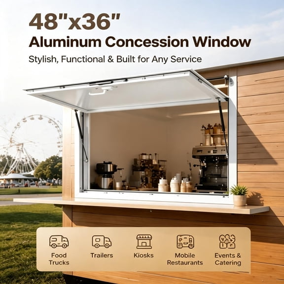 Serving Window 48 x 36 Inch Aluminum Alloy Service Windows, Upward Opening Food Truck Window with Built-in Awning Sun Rain Protection and Secure Lock for Concession Stand