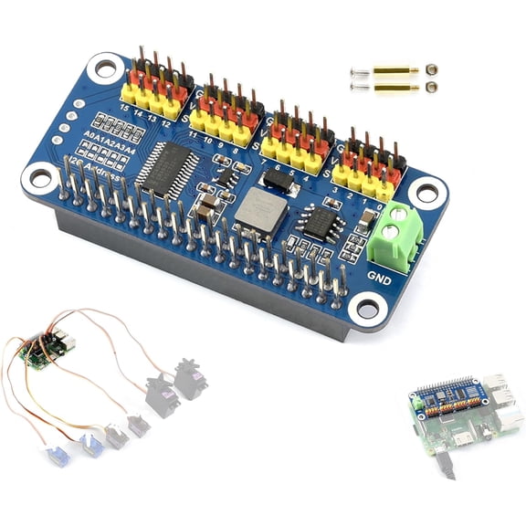 Servo motor driver compatible with Raspberry Pi 5/4/3+/3// and, 16-channel 12-bit 2 interface straight pin header