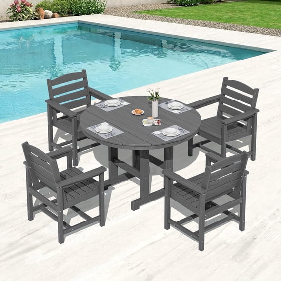 Serwall 5 Piece Round Patio Dining Set, HDPE Outdoor Patio Dining Table and Chairs Set, All Weather Patio Dining Set for 4 with Umbrella Hole, Gray