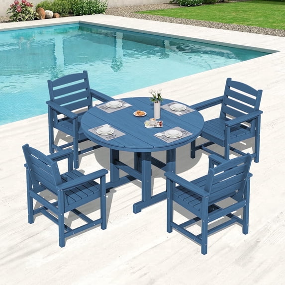 Serwall 5 Piece Round Patio Dining Set, HDPE Outdoor Patio Dining Table and Chairs Set, All Weather Patio Dining Set for 4 with Umbrella Hole, Navy