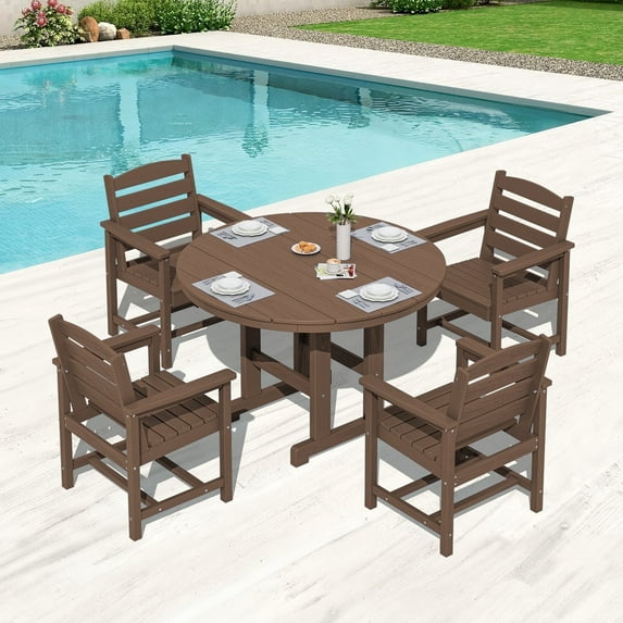 Serwall 5 Piece Round Patio Dining Set, HDPE Outdoor Patio Dining Table and Chairs Set, All Weather Patio Dining Set for 4 with Umbrella Hole, White