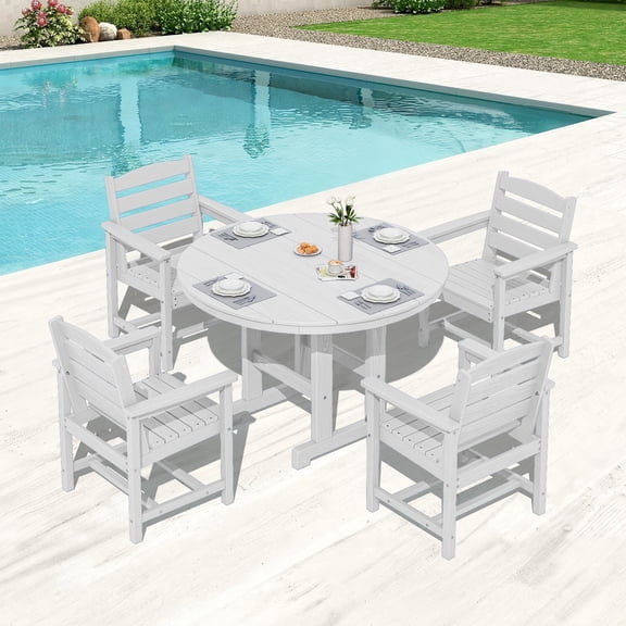 Serwall 5 Piece Round Patio Dining Set, HDPE Outdoor Patio Dining Table and Chairs Set, All Weather Patio Dining Set for 4 with Umbrella Hole, White