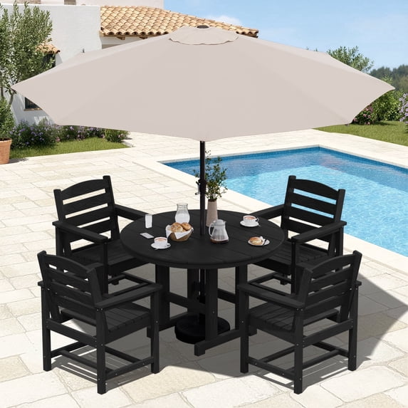 Serwall 6 Piece Round Patio Dining Table Set with Umbrella, HDPE Outdoor Patio Furniture Set, All Weather Patio Dining Set for 4 with 9FT Umbrella, Black(Not Include Umbrella Base)