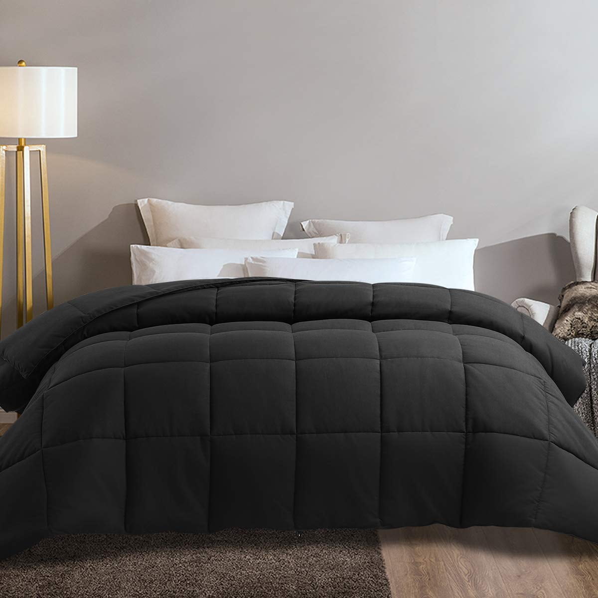 Serwall Luxury Solid Down Alternative Machine Washable Black Comforters, King