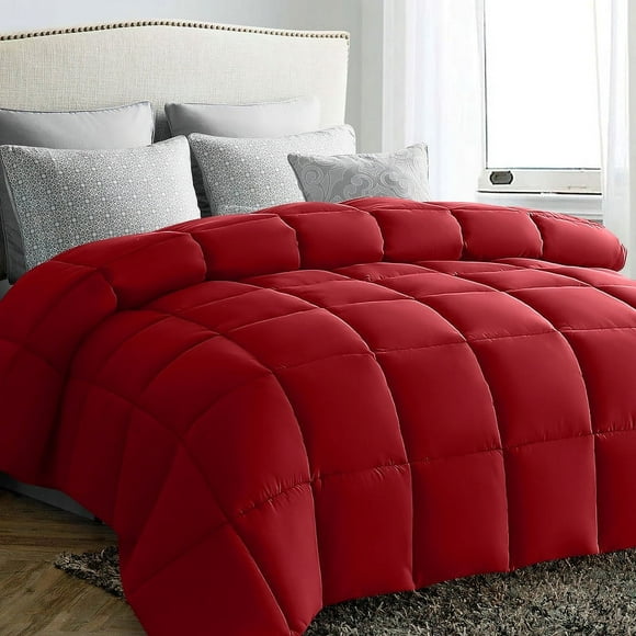 Serwall Luxury Solid Down Alternative Machine Washable Red Comforters, Queen