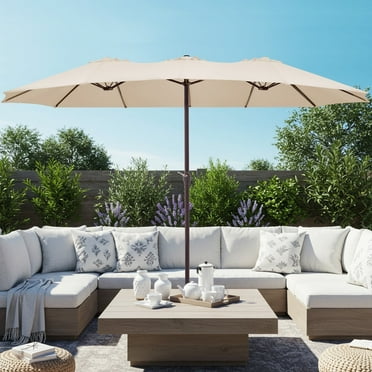 JUSTLET 15ft Rectangular Outdoor Patio Umbrella Double-Sided Twin Large Patio Umbrella with Crank，Beige