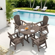 Serwall Outdoor 5-Piece Round Dining Set, HDPE All Weather Patio Dining Set for 4, 45" Round Dining Table and 4 Adirondack Dining Chairs, Coffee