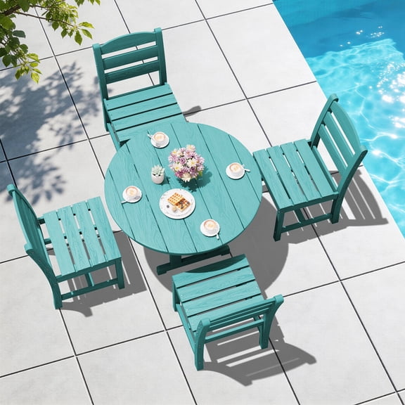 Serwall Outdoor 5-Piece Round Dining Set, HDPE All Weather Patio Dining Set for 4, 45" Round Dining Table and 4 Armless Dining Chairs, Aruba