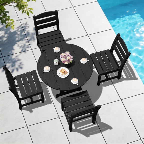 Serwall Outdoor 5-Piece Round Dining Set, HDPE All Weather Patio Dining Set for 4, 45" Round Dining Table and 4 Armless Dining Chairs, Black