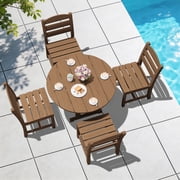 Serwall Outdoor 5-Piece Round Dining Set, HDPE All Weather Patio Dining Set for 4, 45" Round Dining Table and 4 Armless Dining Chairs, Brown