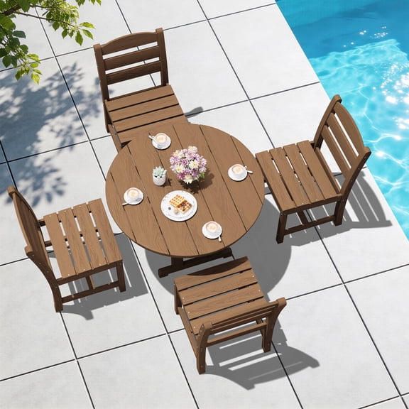 Serwall Outdoor 5-Piece Round Dining Set, HDPE All Weather Patio Dining Set for 4, 45" Round Dining Table and 4 Armless Dining Chairs, Brown